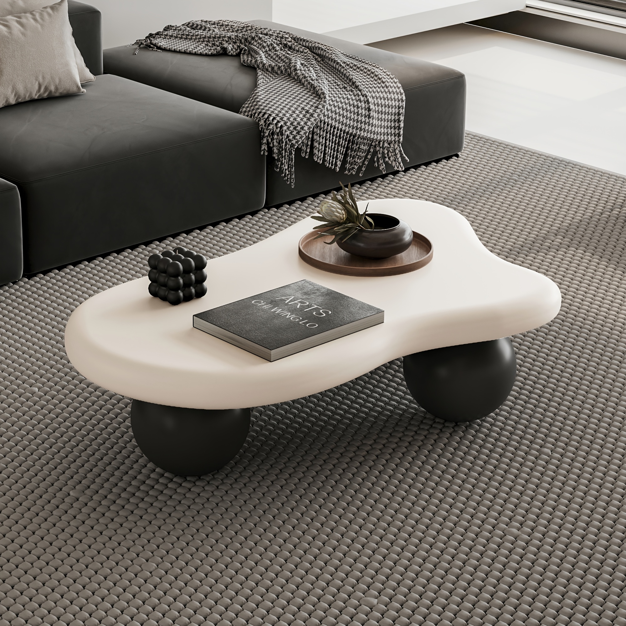 40 Inch Cloud Shaped Coffee Table with 3 Ball Legs Modern Irregular Accent Table White Top Black Legs Sturdy MDF Construction Smooth Curved Corners Child Pet Friendly Easy Assembly Spacious Surface for Living Room Bedroom Apartment Home