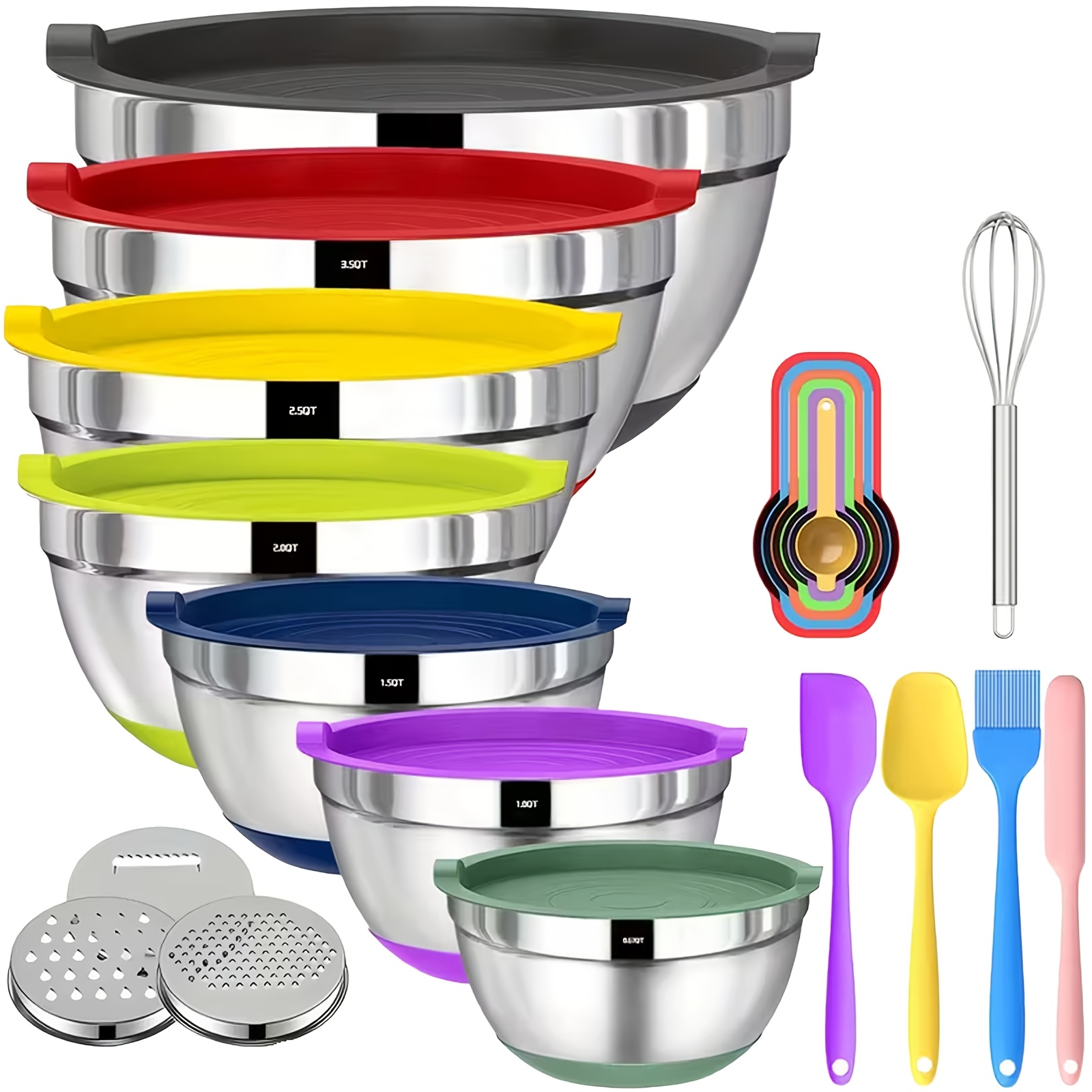 TEMU A Christmas Gift. Easter Gift; 21pcs With Lids Salad Bowl Set, 7 Stainless Steel Mixing Bowls, Including 3 Mixing Blade Attachments, 6 Measuring