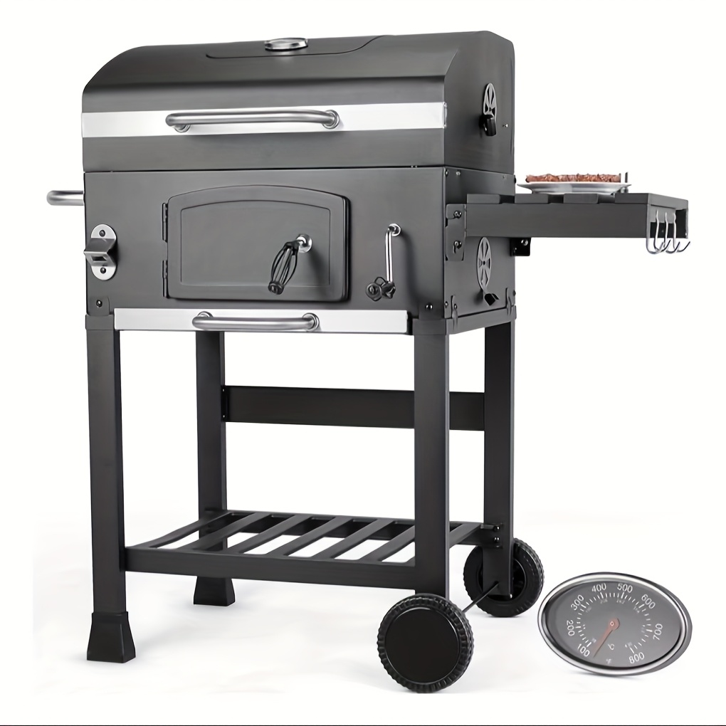 Image of Charcoal Grill With Lid, Grill Grill Cart Bbq Xl, Charcoal Grill Cart With Wheels, Grill Grate And Thermometer, Charcoal Grill With Shelf, Stand Grill, Large Charcoal Grill Cart For Camping, Garden