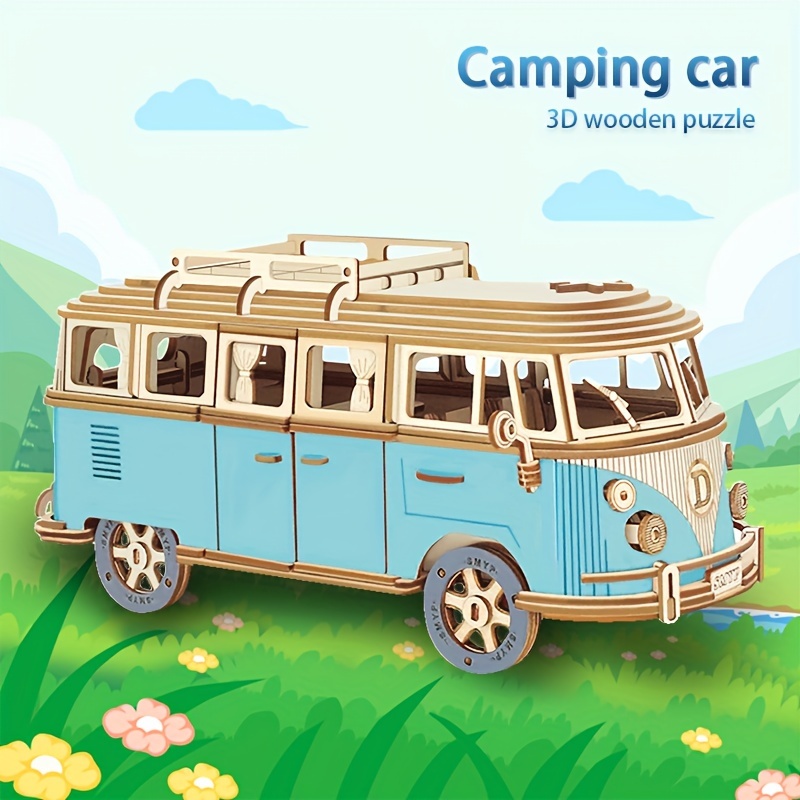 

Camping-car bleu en bois, modèle de voiture en bois, jouet de puzzle 3D à assembler pour enfants, série de voitures de simulation adaptée aux enfants.