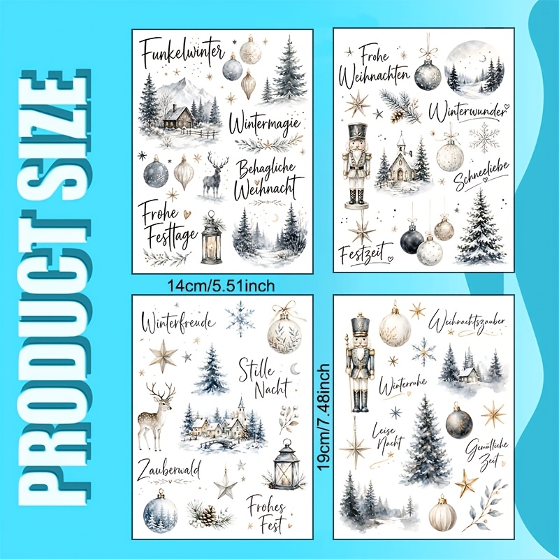 TEMU 4pcs German Ink Wash Style Christmas Winter Vinyl Uv Dtf Transfer, Transfer . Suitable For Cups, 16oz Glass Cups, Coffee Cups, Mugs, Ceramics,