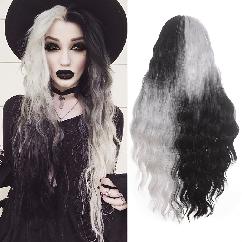Image of Fashionable Long Wavy Hair Wig With A Black And White Gradient For Cosplay At Halloween Parties