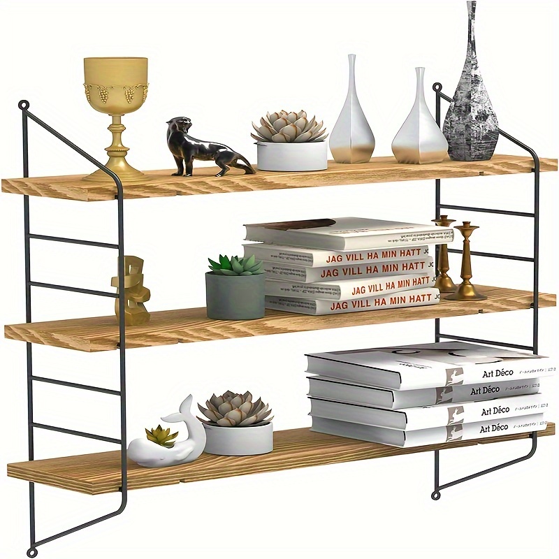 E-shop Schwebende Wandregal, 3-Etagen Rustikale Wandregale Küchenwandlagerung Verstellbare Wandmontierte Bücherregale Pflanzenregal Holz Metall
