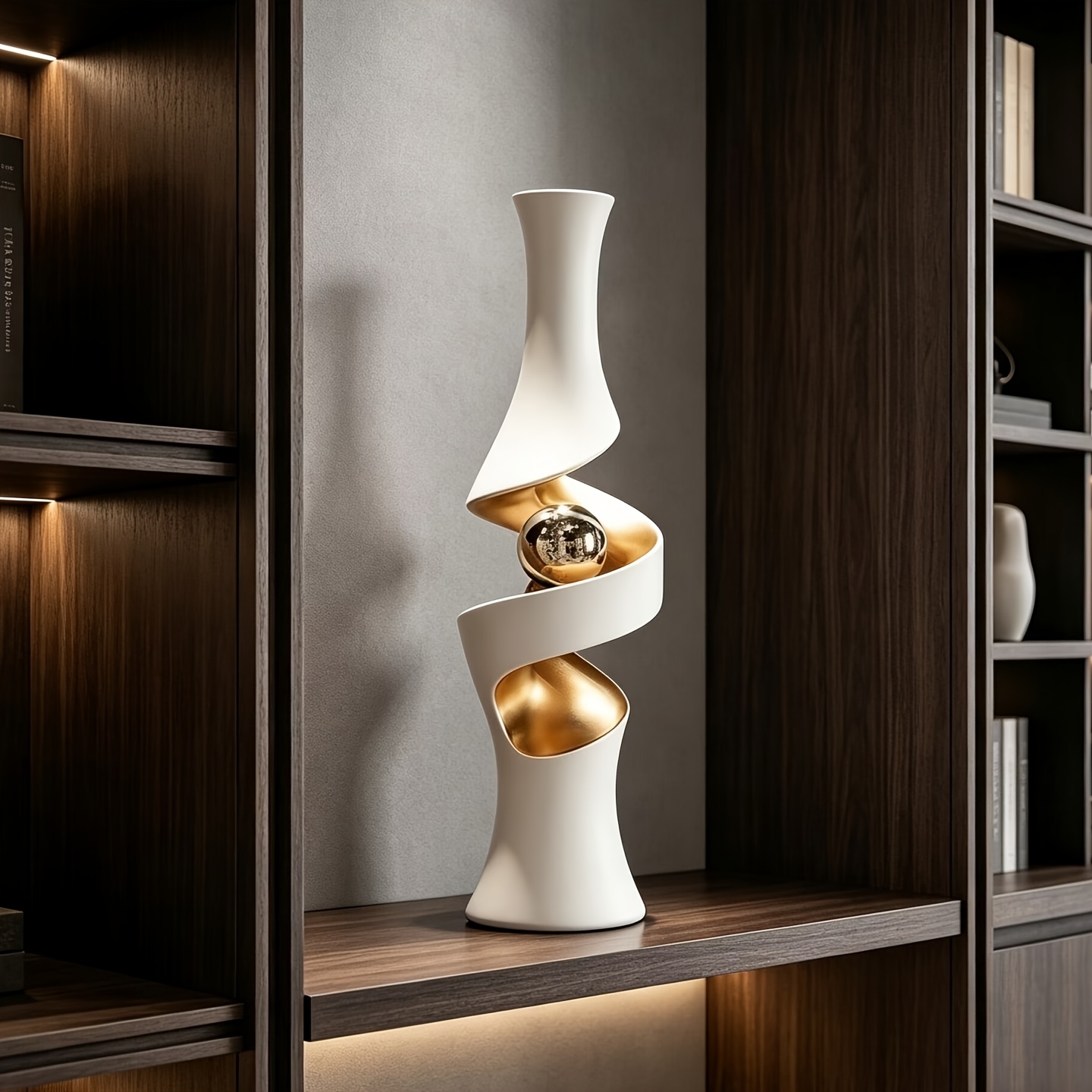 White And Golden Spiral Vase with Crystal Sphere | Symbol of Good Fortune | Artificial Flower solely