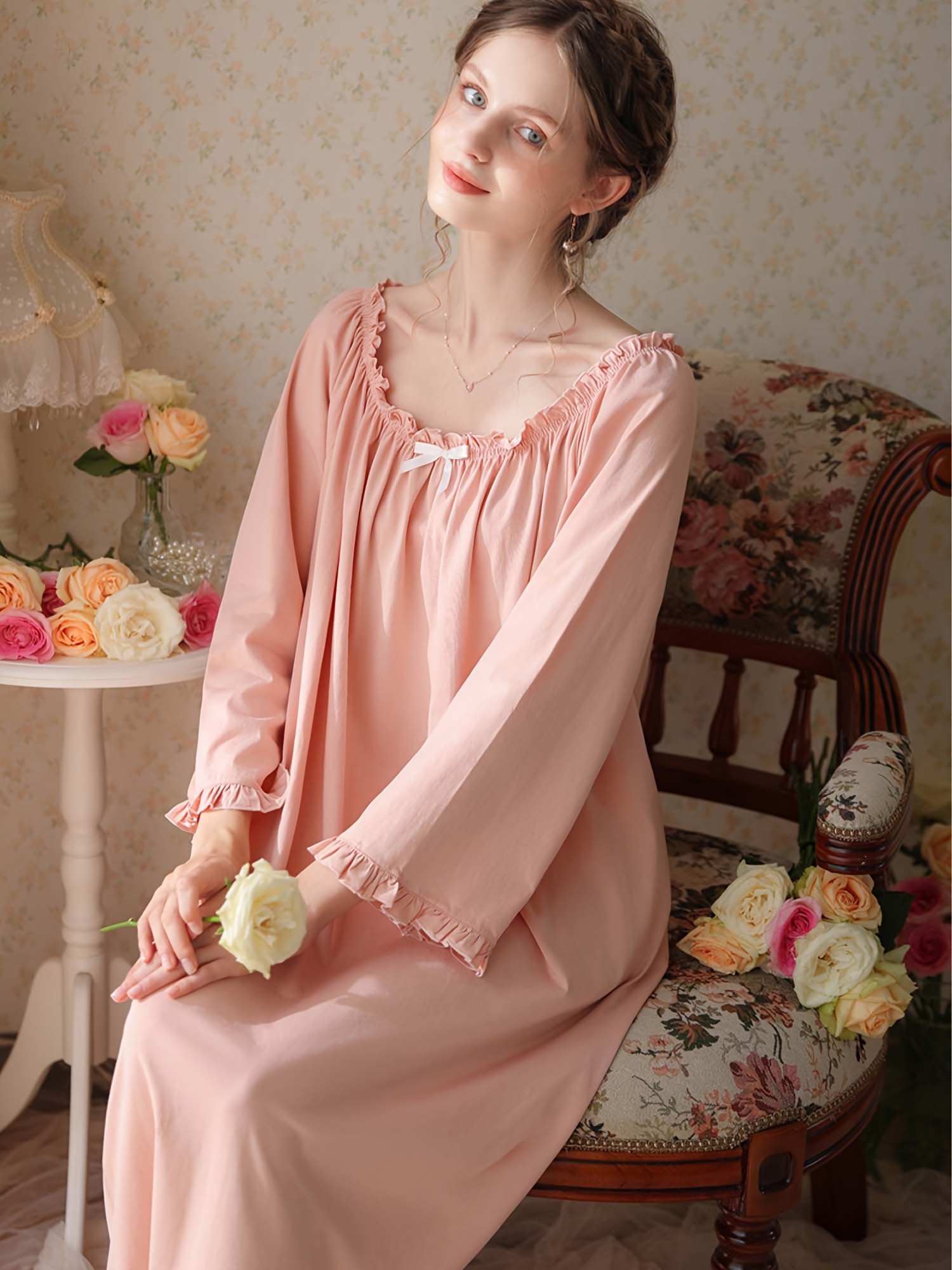 Women's Vintage Victorian Long Sleeve Nightgown Soft Cotton Full-Length  Sleepwear with Ruffle Trim Bow Detail, Elegant Princess Nightdress for All