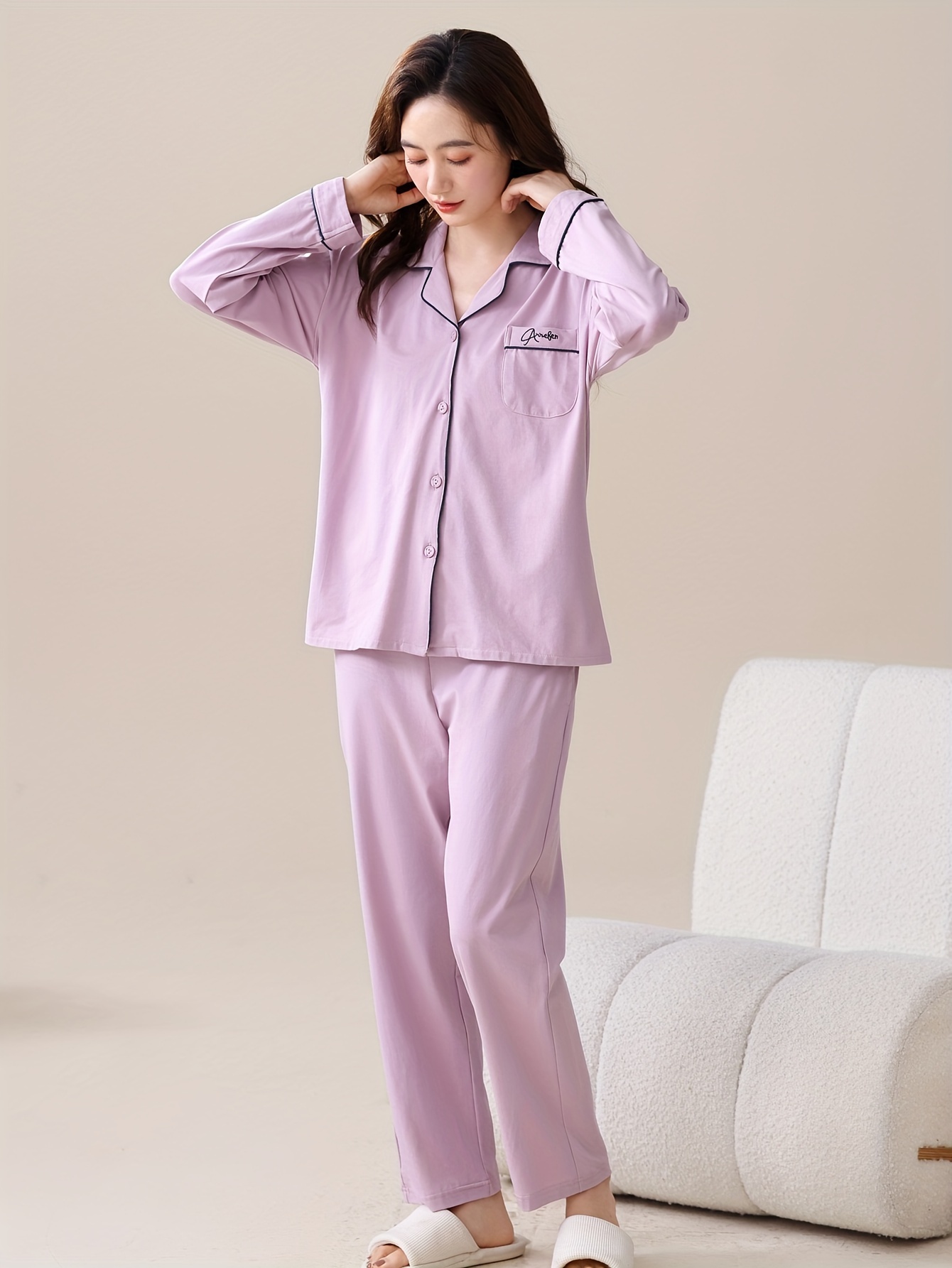 juego elegante pijama algodón mujer larga cuello Temu Chile