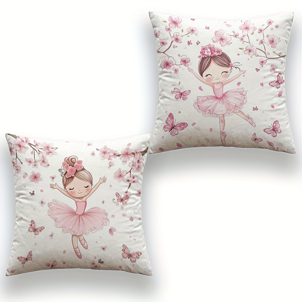 TEMU 2pcs Ballet Daughter Pillowcase, Double-sided Printed, Soft Pink Cartoon Ballet Girl Design, With Cherry Blossoms And Butterflies, Zipper