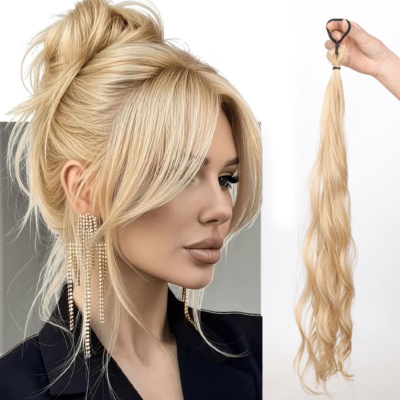 Image of Long Wave Self-winding Ponytail Hair Patch With Elastic Rubber Band Braided Hair Bundle, Suitable For Women' Wear