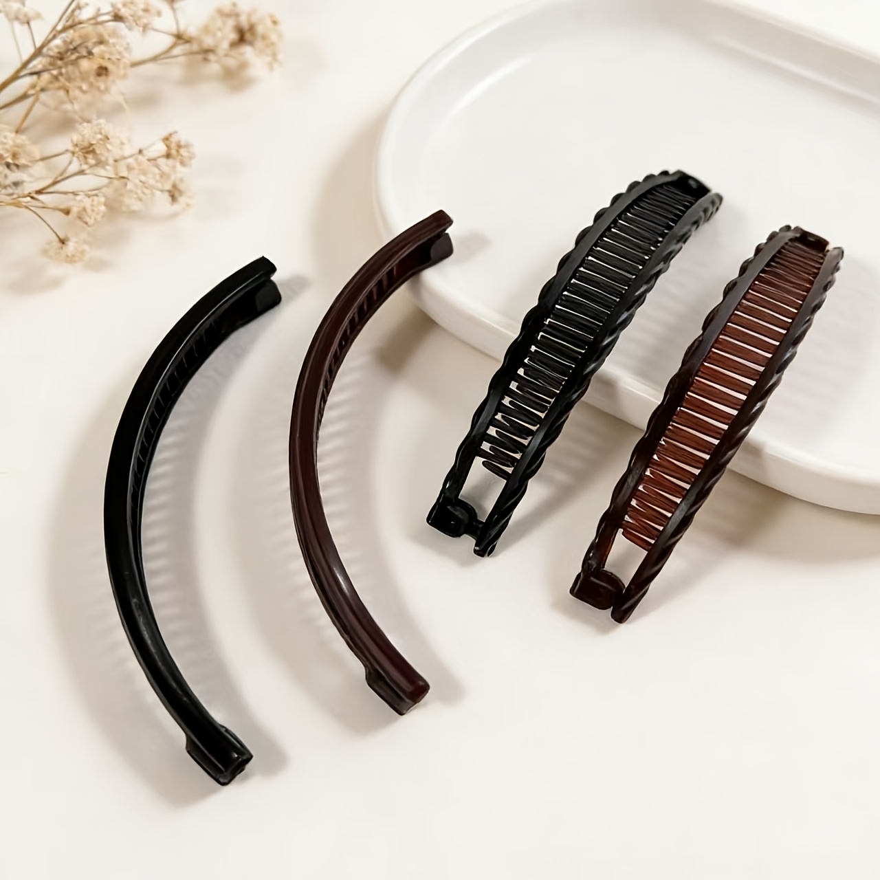 TEMU 4pcs Women's Large Banana Hair Clips, Claw Clips, Vintage Non-slip Double Comb Hair Additions, Suitable For Thick, Long, Curly Hair - Black, ,