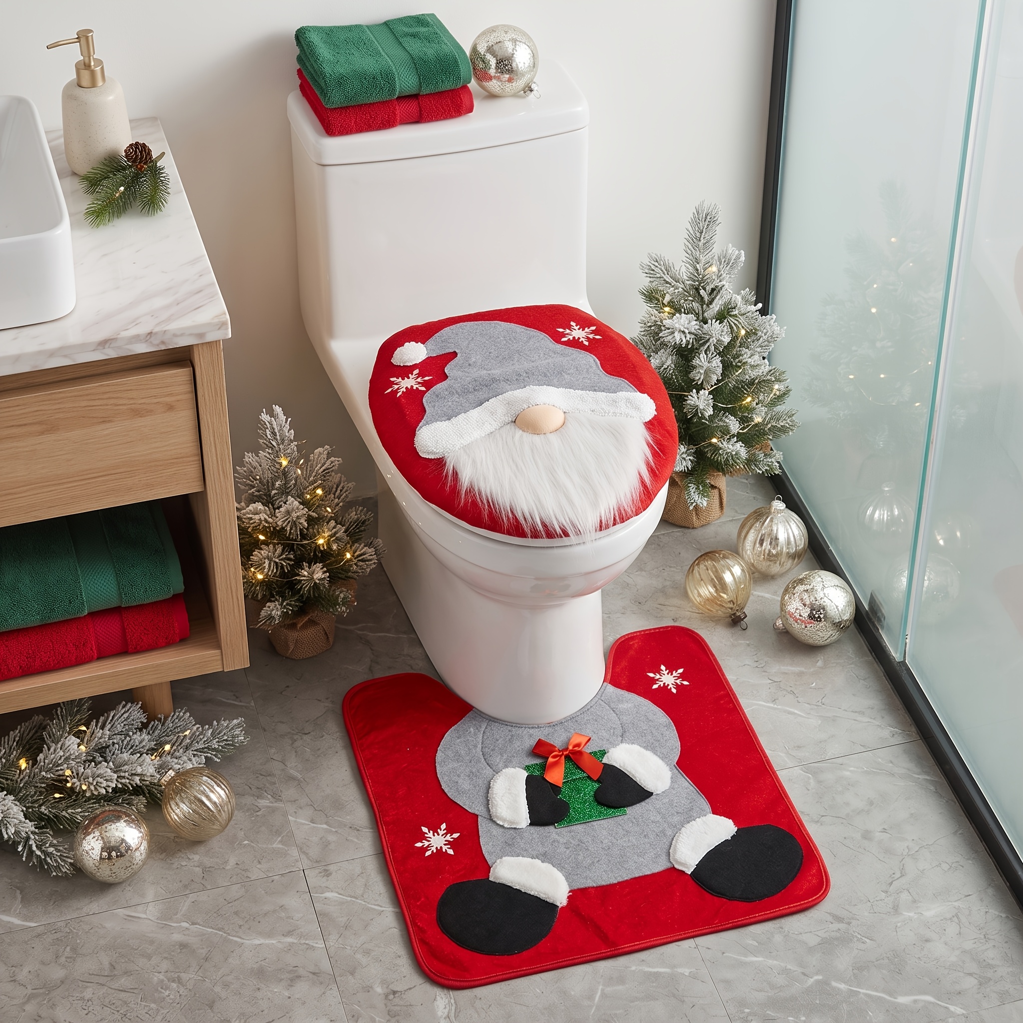 TEMU 2pcs Christmas Holiday Bathroom Decorations, Elderly Gnome Christmas Toilet Seat Covers - Seasonal Bathroom Decor, Creative Christmas Gift,