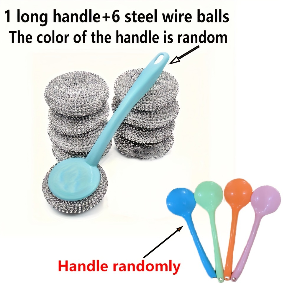 TEMU Wool Scrubbing Set, 6 Wire Brush Heads, 1 Long Handle, The Color Of The Handle Is Random Suitable For Kitchen, Bathroom, And Toilet Cleaning,