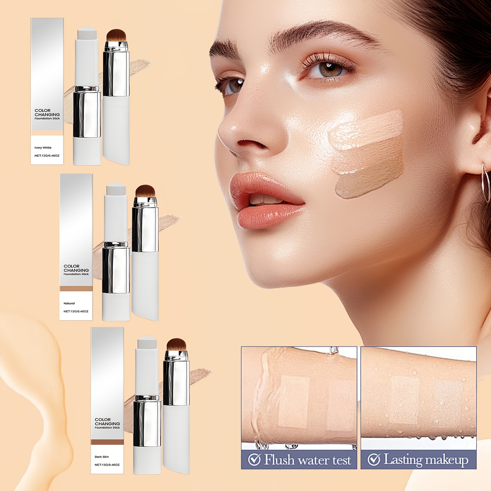 2 in 1 color changing foundation stick spring summer essential gift for girlfriend mother friend lightweight multi functional foundation stick with brush multi color       Product details 2