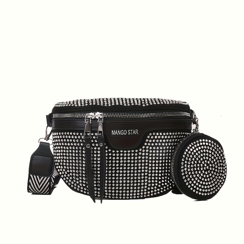 TEMU H7 Women's 3-5d - Waist Bag & Crossbody Purse - Sparkling Rhinestone Mini Handbag With Golden-tone Hardware, Chain Strap, Zipper Closure,