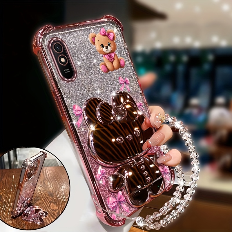 TEMU Funda para teléfono: Moda Lindo Oso Brillante Correa de Muñeca Lanyard Conejo Soporte para Teléfono Adecuado para Xiaomi Redmi 9A Antiimpacto