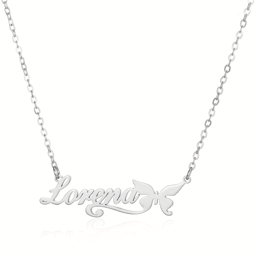 Women's Personalized Stainless Steel Butterfly Ribbon Name Pendant Necklace