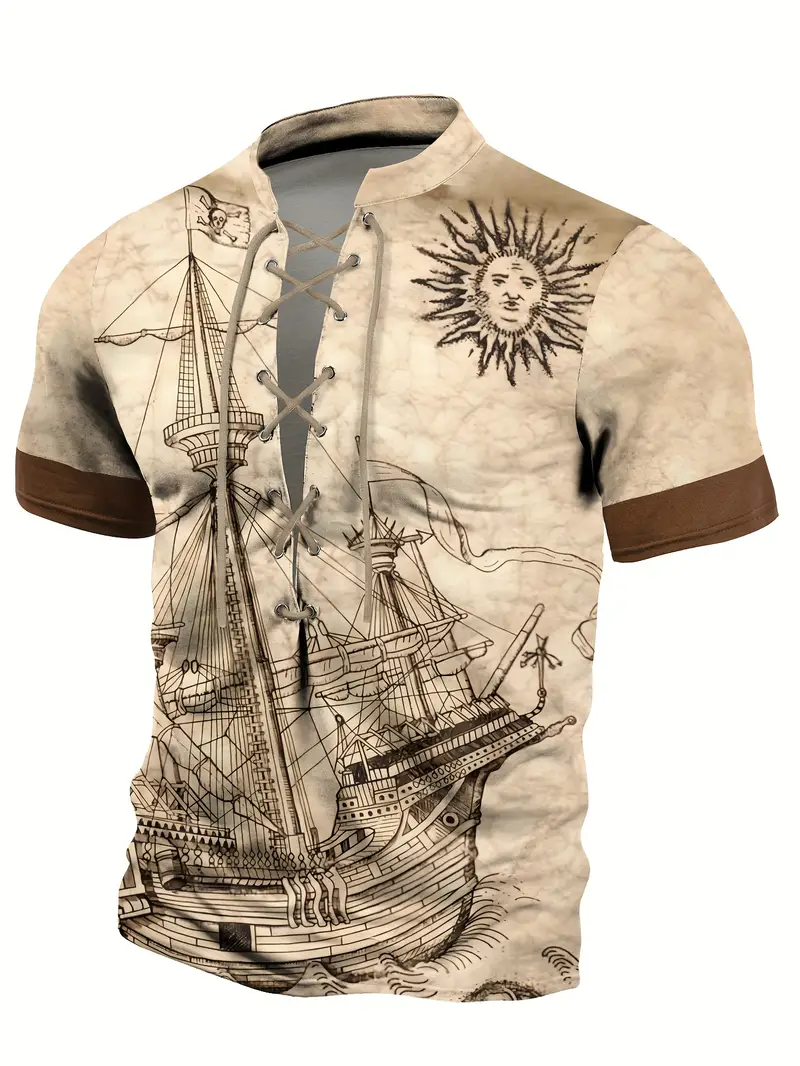 pattern mens vintage short sleeve stand collar lace up henley shirt suit for details 0