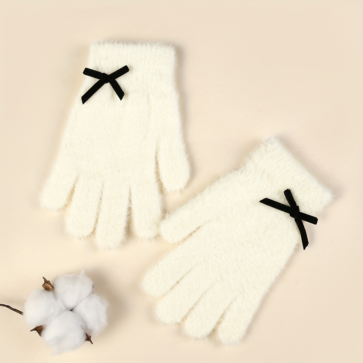 

Winter Ladies Comfortable And Elegant Furry Gloves With Bow And Ribbon Decoration