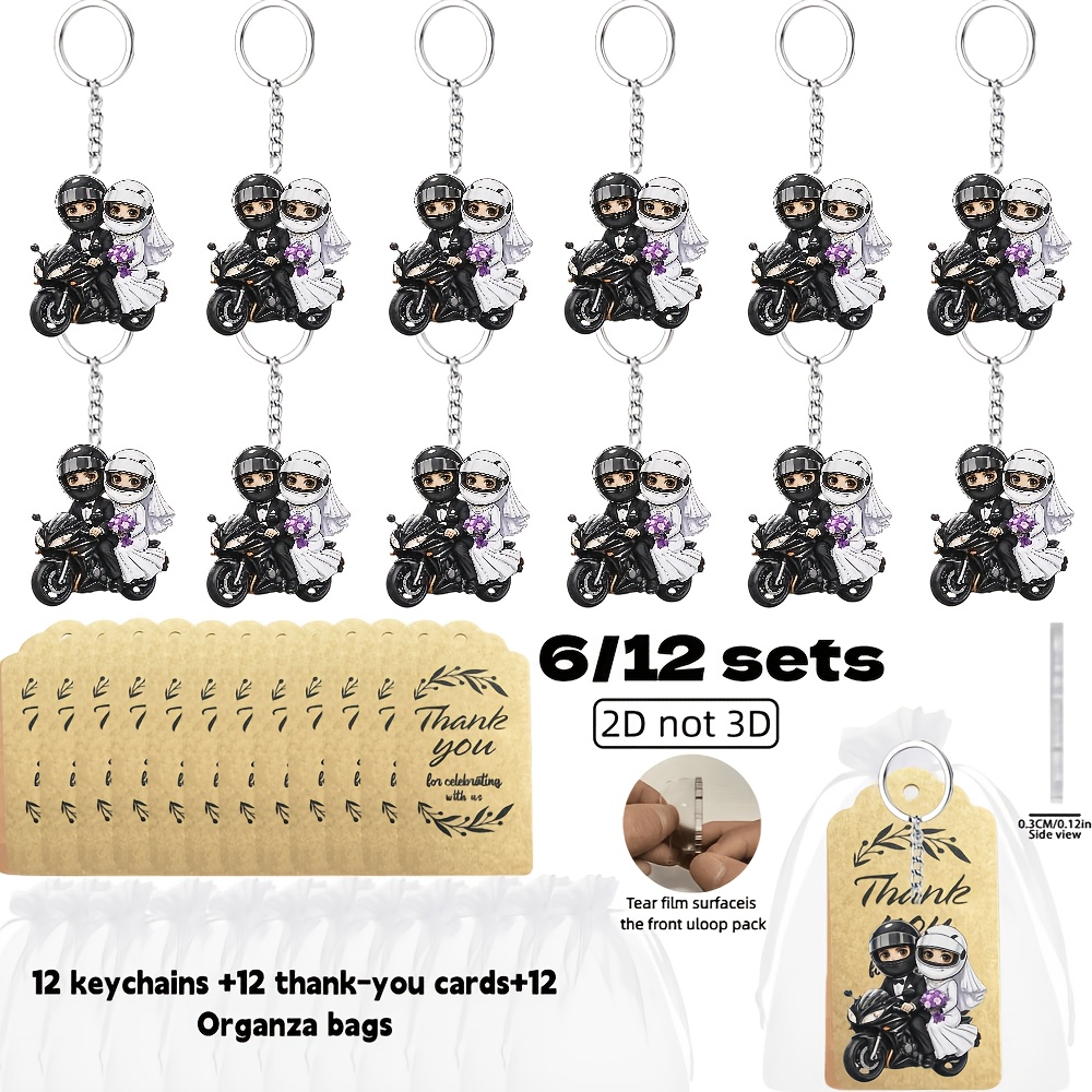 TEMU Ensemble de porte-clés plats 2D - Un cadeau plat 2D pour elle/lui, ensemble de 6/12 pièces (Mariage moto et mariée style Q), ensemble de