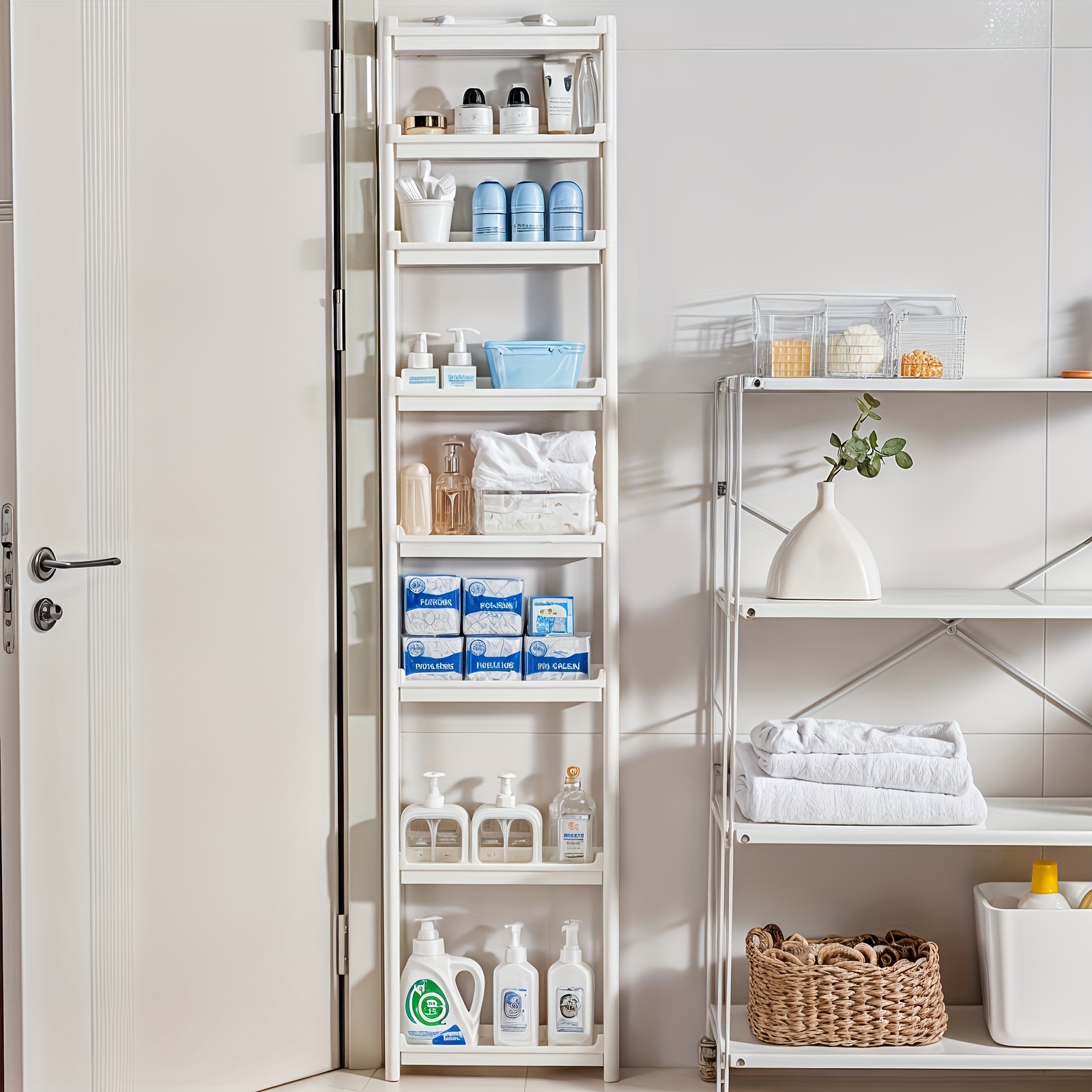 Image of Ultra-thin Storage Cabinet, 8-layer Bathroom Storage Equipment, Storing Bathroom Toiletries, Toilet Paper, Suitable For Bathroom Storage , Shelves