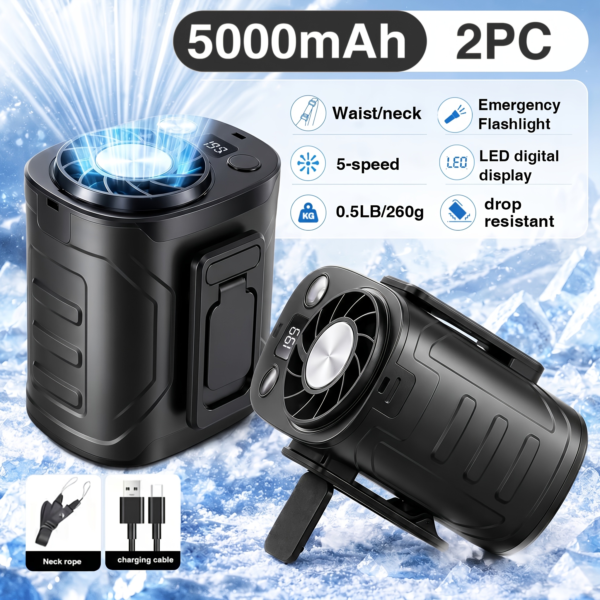 TEMU Neck Portable Waist Fan, 18000rpm Powerful Brushless Motor, 199 , 5000mah Large Capacity Ultra Long Battery, Led Light Power Display, Suitable