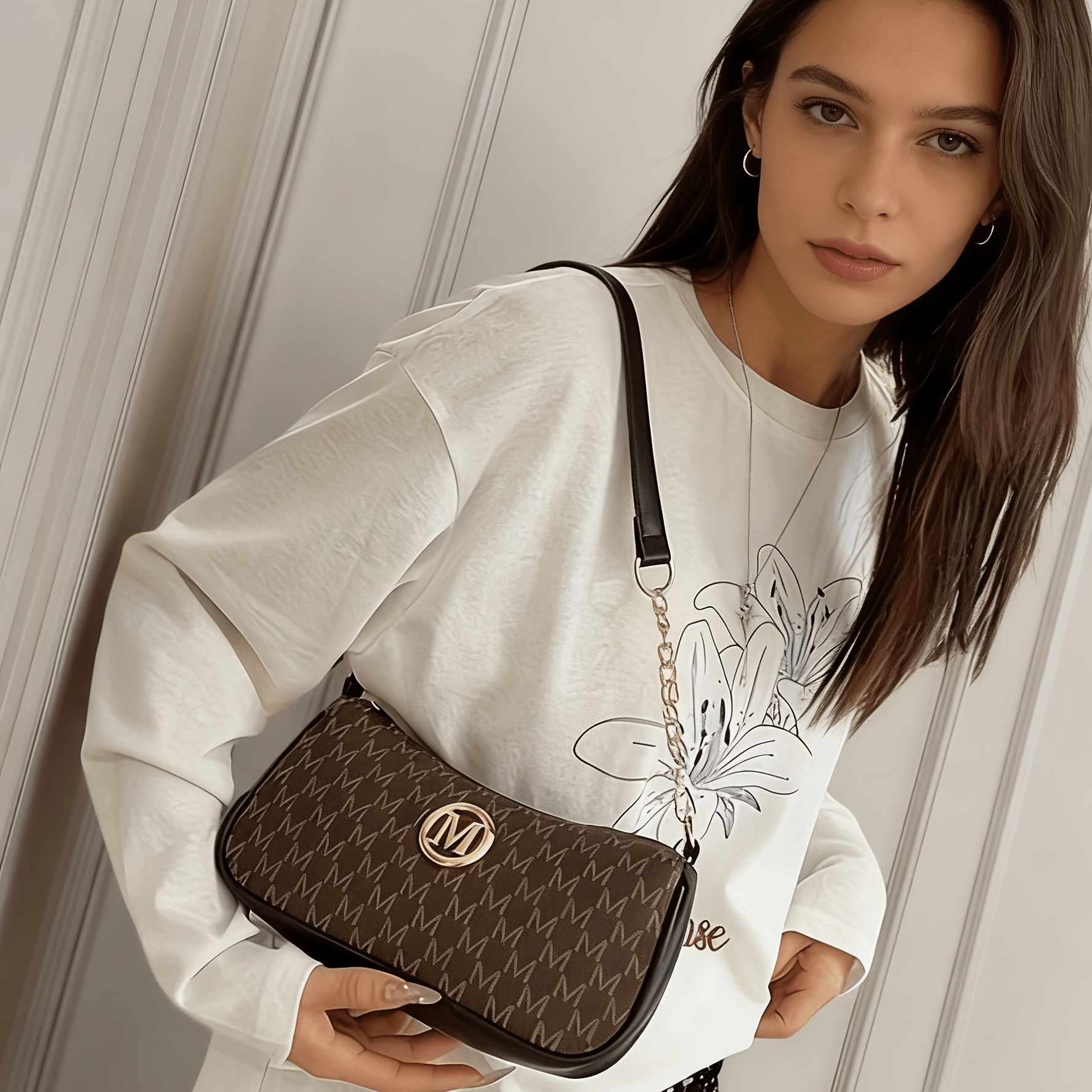 TEMU French Retro Underarm Bag Women's Print Crescent Bag Fashionable Chain Single Shoulder Handbag Elegant Ladies Shoulder Bag With Logo Zipper