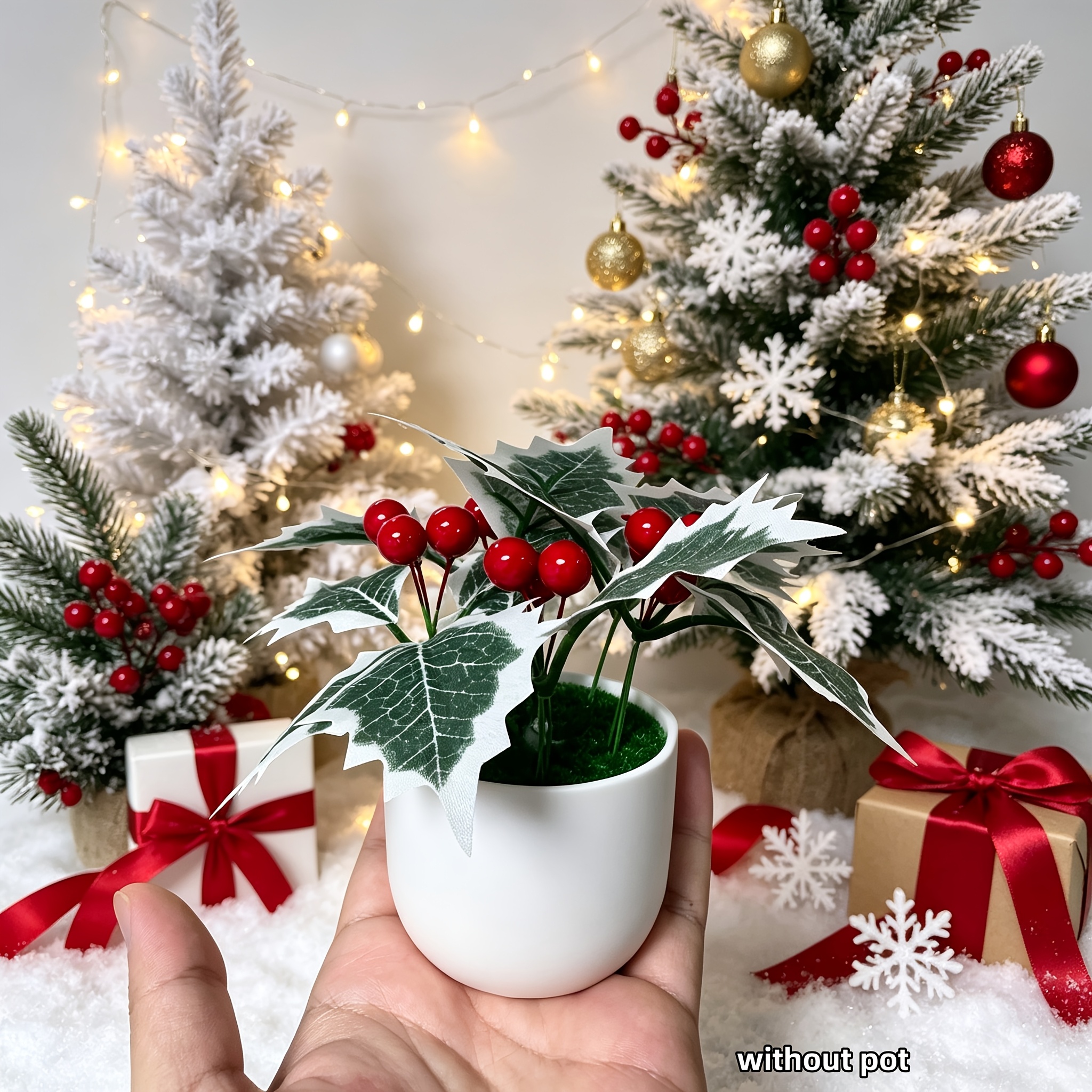TEMU 20pcs Set Of Artificial Red Berries And Holly Leaves, 5pcs Leaves And 15pcs Red Berries, Suitable For Christmas Centerpiece Decoration; Used For