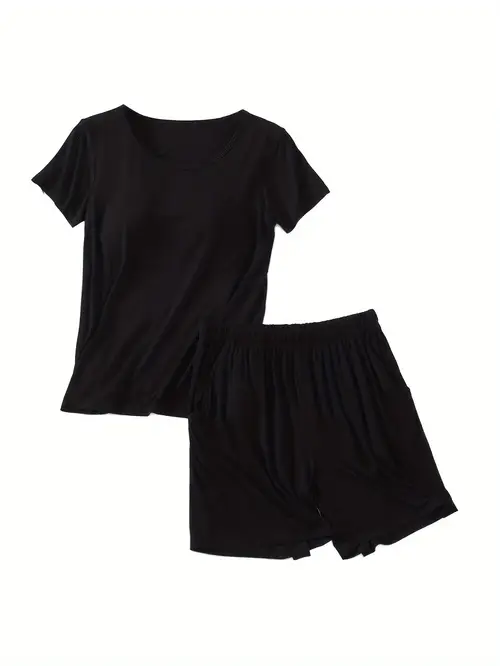 womens pajama 2pcs sets soft solid color lounge sleepwear short sleeve with built in bra shorts outfits pjs sets with pocket multicolor m 2xl