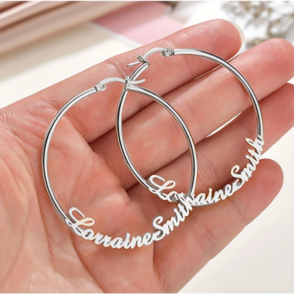 TEMU Custom Name Hoop Earrings, Personality Couple Lovers Buddy Earrings, Stainless Steel Round Hoop Earrings, Women's Popular Jewelry, Language English Only