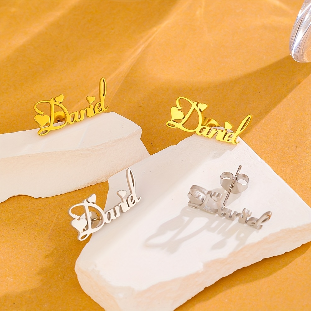 Personalized Name Stud Earrings for Women, Custom Heart Design
