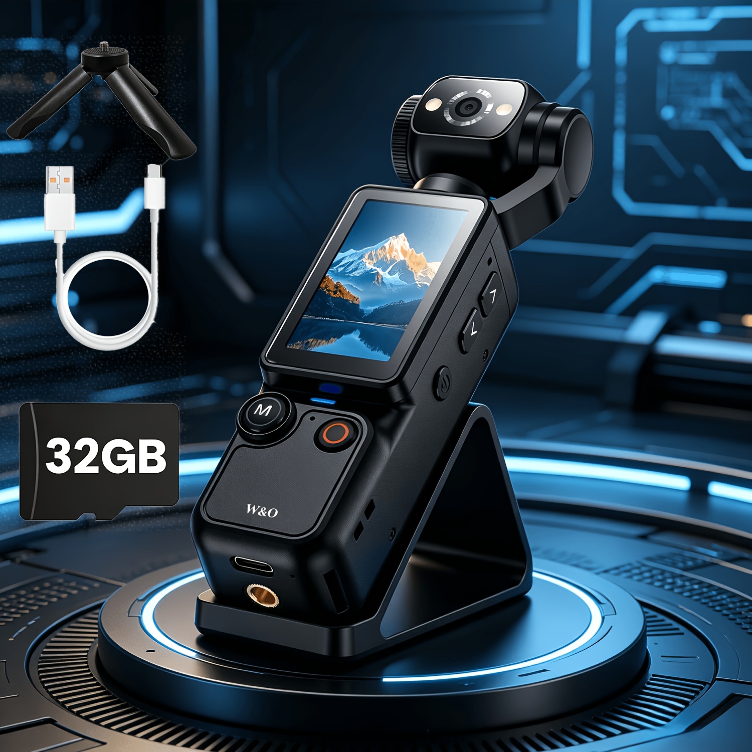 TEMU Caméra de poche multifonction - Photo 66MP, Batterie 2000mAh, Caméra rotative à 180°, Écran 1,9 pouces, Webcam, Chargement USB-C, Carte 32 Go,