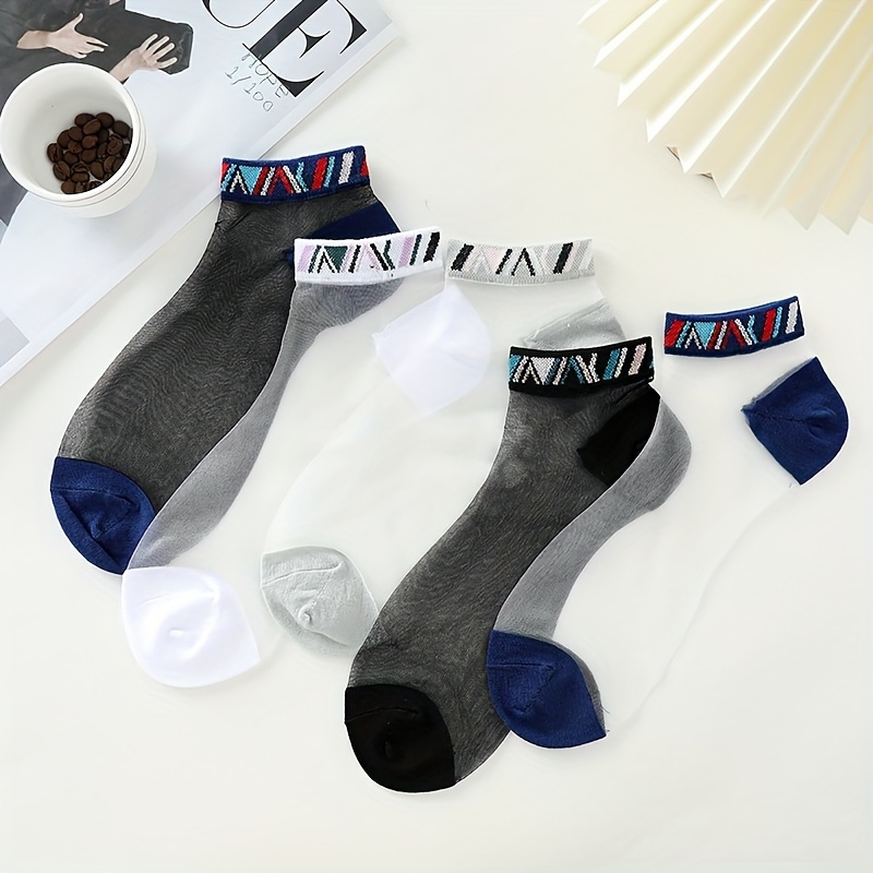 Image of 5 Pairs Men's Summer Thin Glass Fiber Anti-slip Anti-snag Crystal Socks Transparent Mid-short Tube Socks Invisible Socks Breathable Cool Ethnic Style