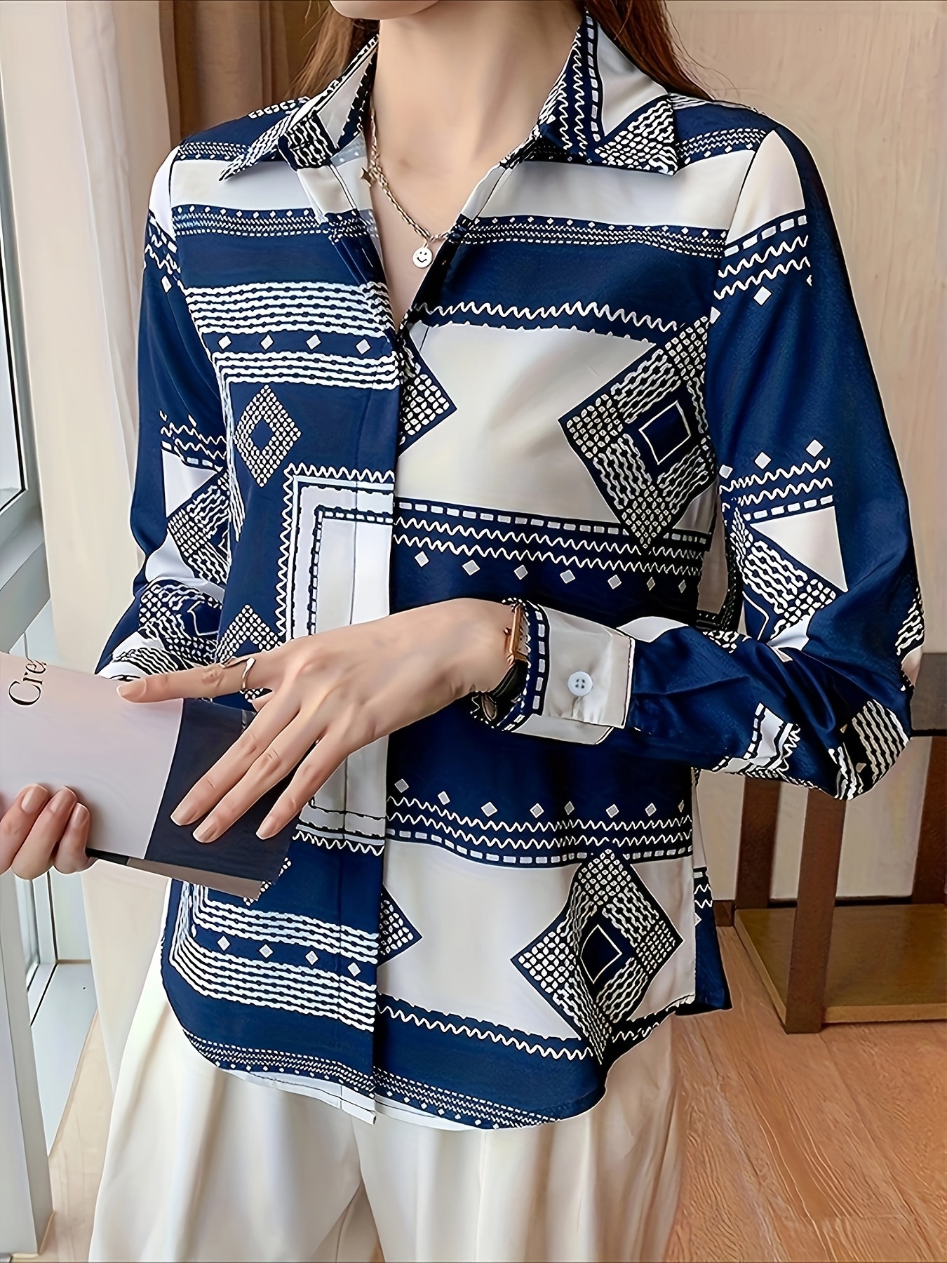 Camisas estampadas de estilo europeo y americano para primavera y verano, con diseño de cuello y mangas largas, perfectas para uso casual o para ir al trabajo