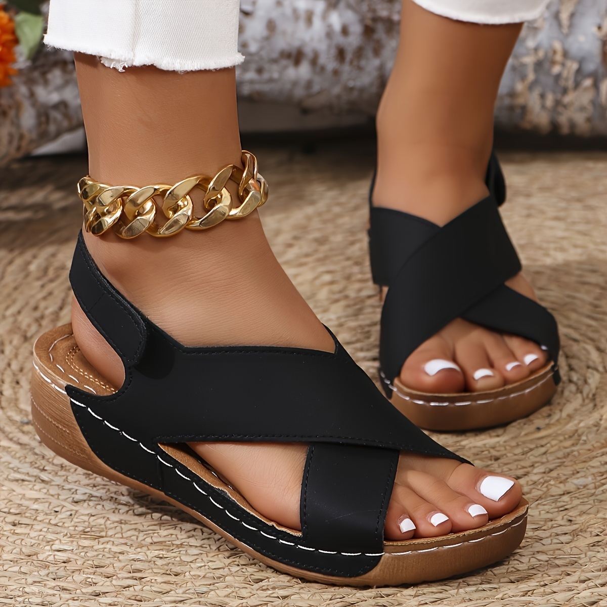 

Women's Solid Color Stylish Sandals, Crisscross Bands Platform Soft Sole Walking Shoes, Slingback Wedge Beach Shoes