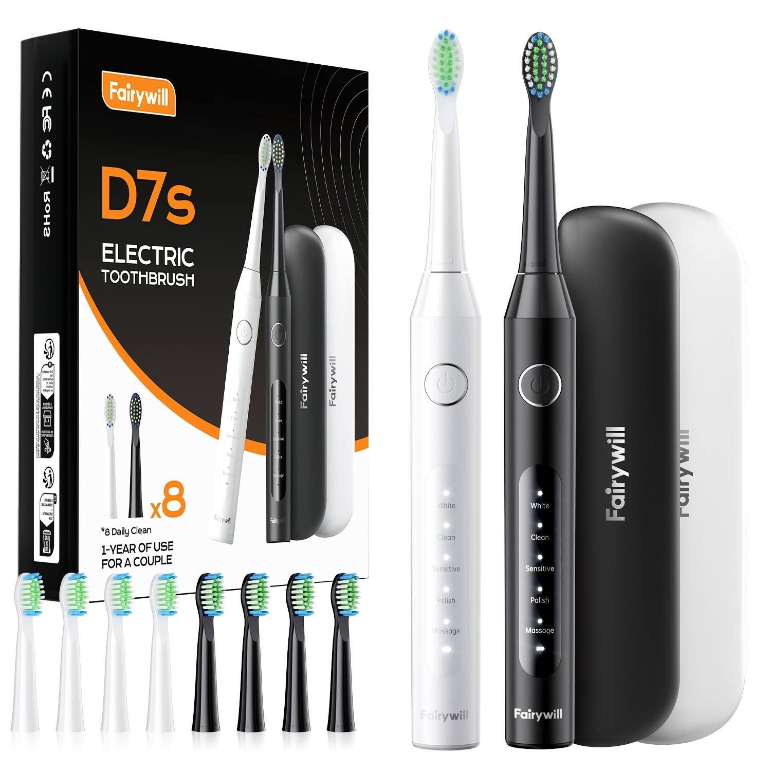 Image of Fairywill 2-pack Electric Toothbrush - Electric Toothbrush Set For Adults, Rechargeable With Travel Case, 8pcs Brush Heads, 2-min (2-pack Black And White)