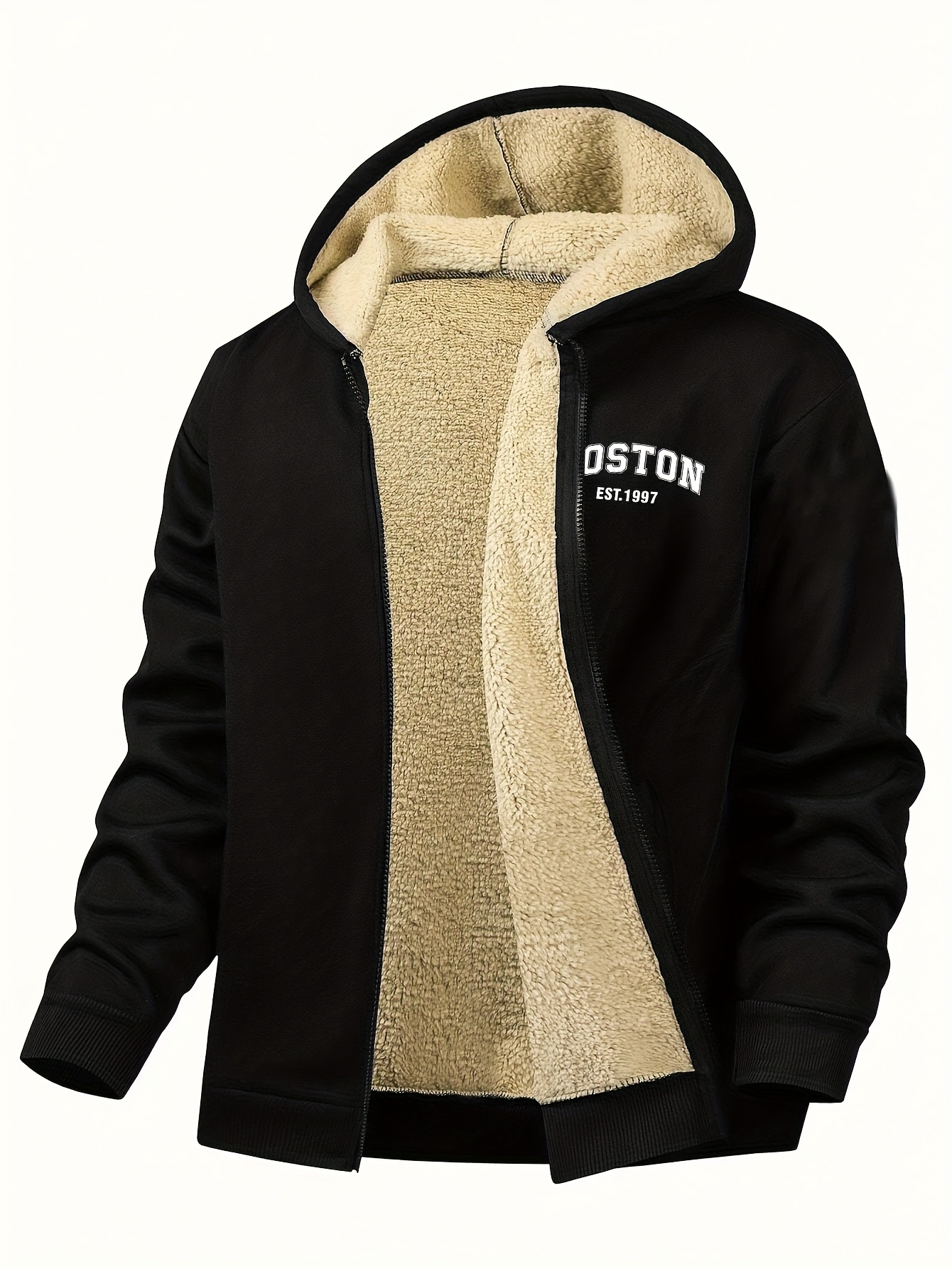 herren casual zip-up kapuzenjacke mit letter print, schwarz & beige  , regular fit, maschinenwaschbar, fronttaschen für outdoor & freizeitkleidung
