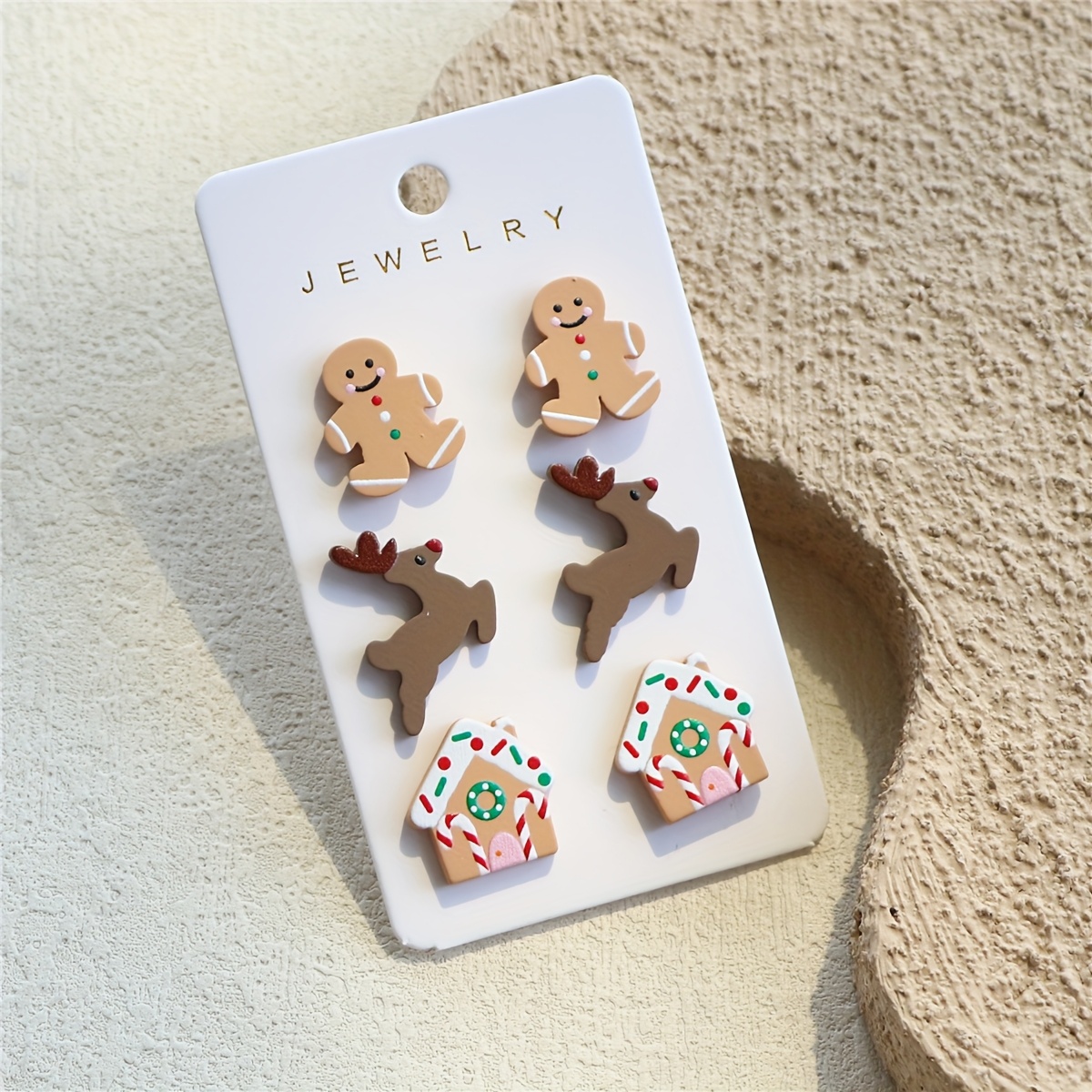 TEMU 3-in-1 Card Ladies' Christmas Gingerbread For Person Reindeer House Printed Clay-textured Cute And Elegant Holiday Party Acrylic Earrings