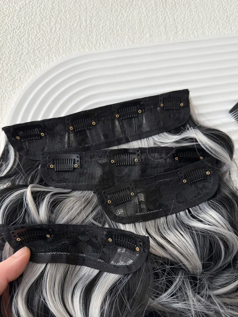 22 inch long wavy heat resistant fiber synthetic hair patch in black and white suitable for womens daily use details 3