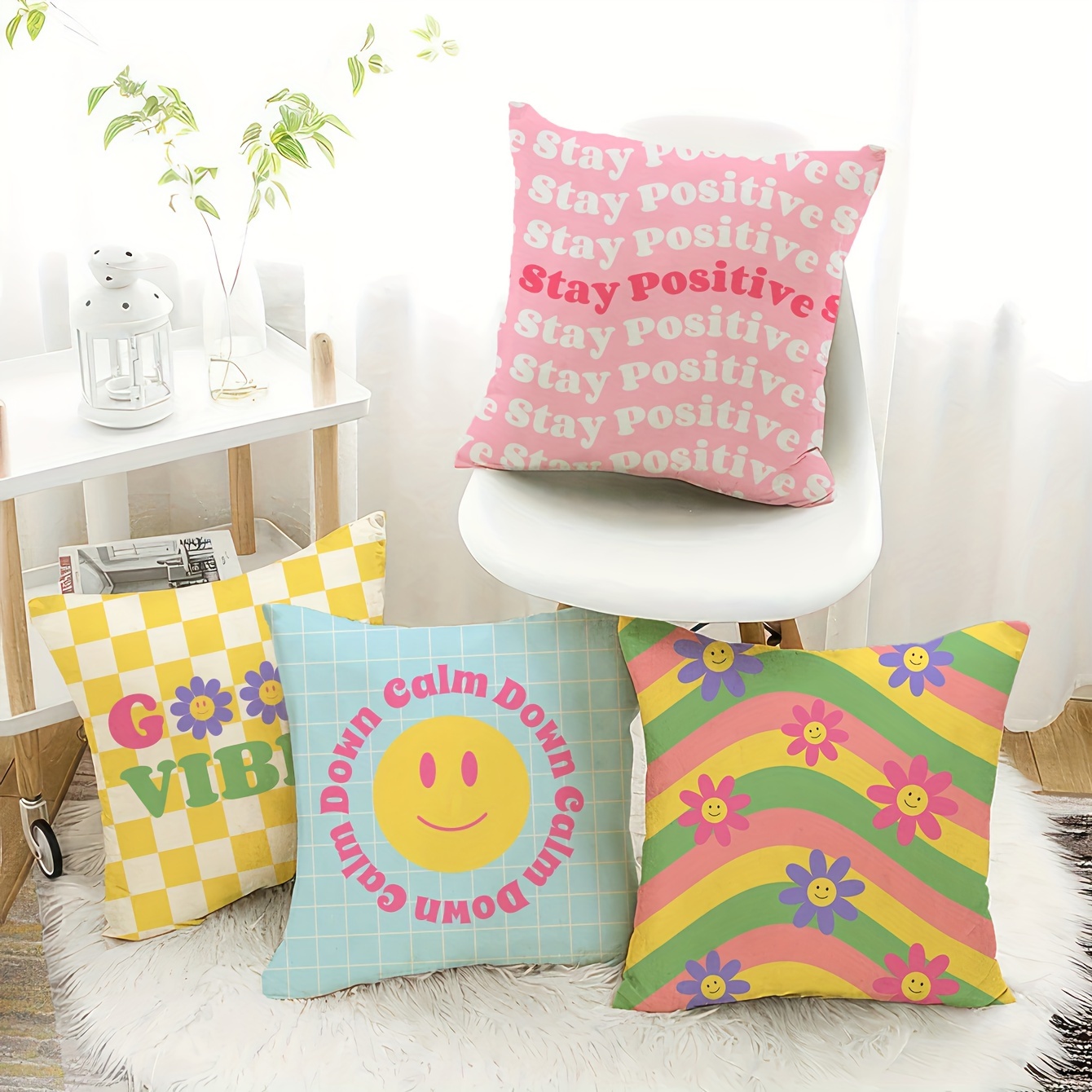 

4pcs, Short Plush Pillow Cushion Cover Cushion Cover Pillow Cover Ultra Soft Single-sided Printing18in*18in Cute Dopamine Flowers Sofa Car Cushion No Pillow Core