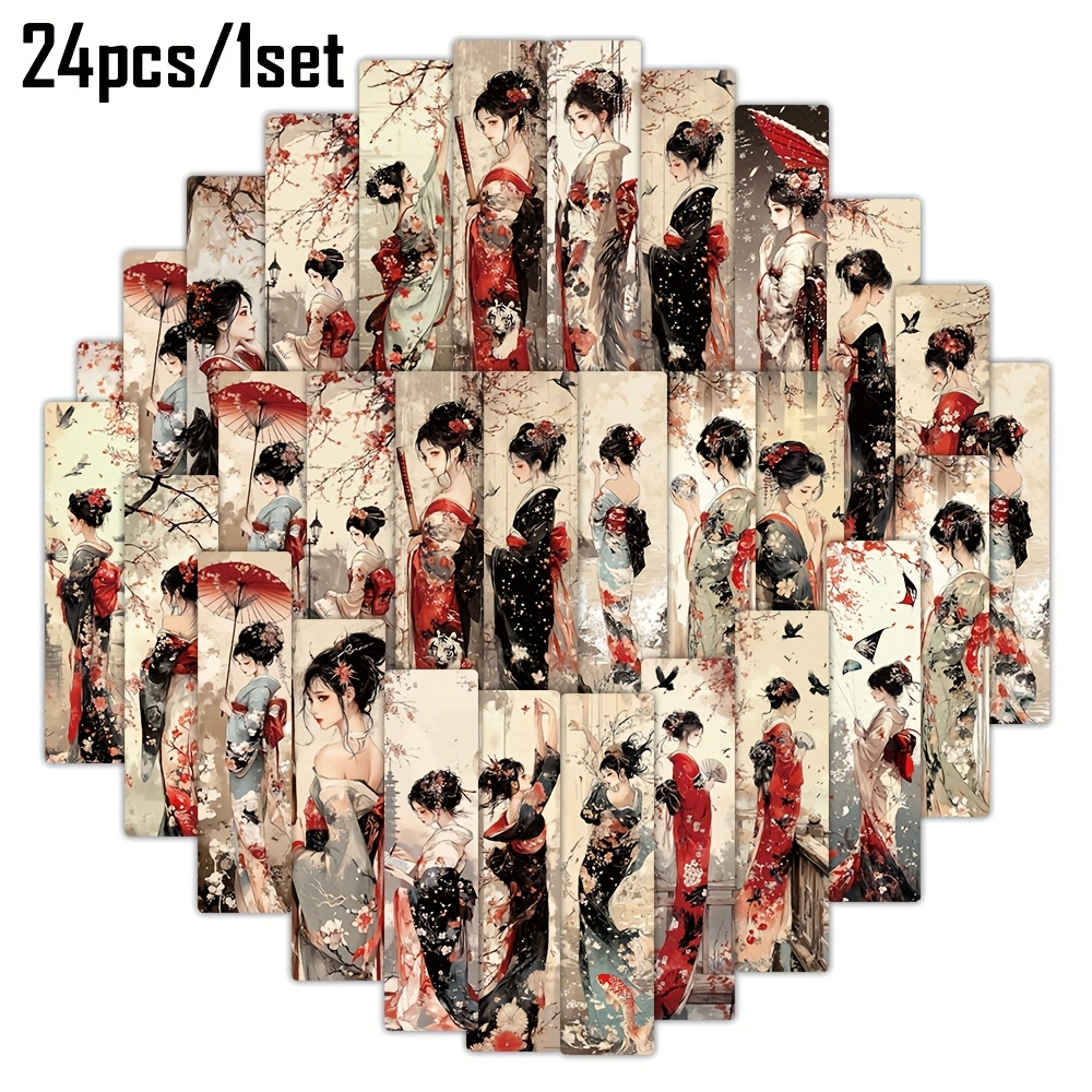 E-shop 24-teiliges Lesezeichen-Set im japanischen Stil mit Kimono-Dame, Kirschblüten- Regenschirm-Elementen, literarische Lesezeichen im antiken Stil