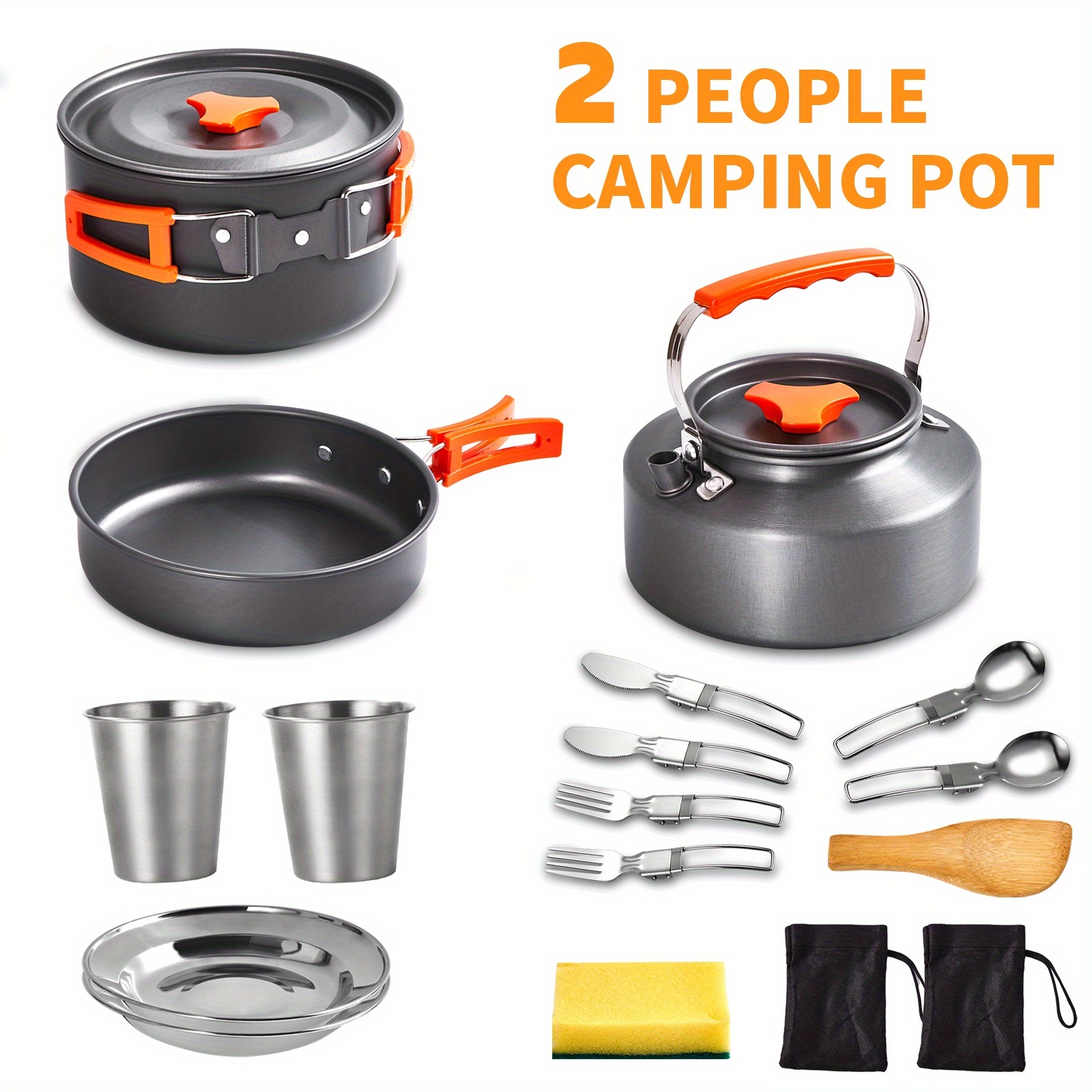 TEMU Aluminum Camping Pot Set With Stainless Steel Cutlery, 3pcs Portable Pot Set - Suitable For Backpacking, Hiking, Picnicking - Outdoor Kitchen Items