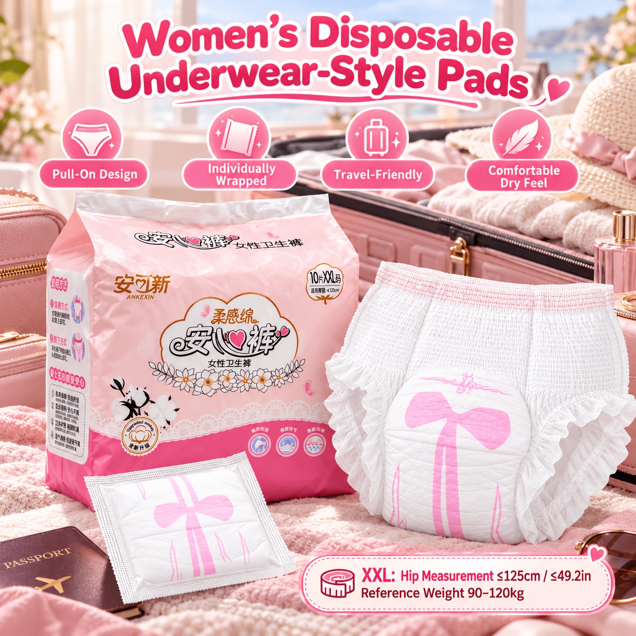 TEMU Size Xxl Women's Disposable Panty-style Absorbent Pad Safety Pants Large Size Fitted Absorbent Supplies High Absorption Core Lengthened Panty