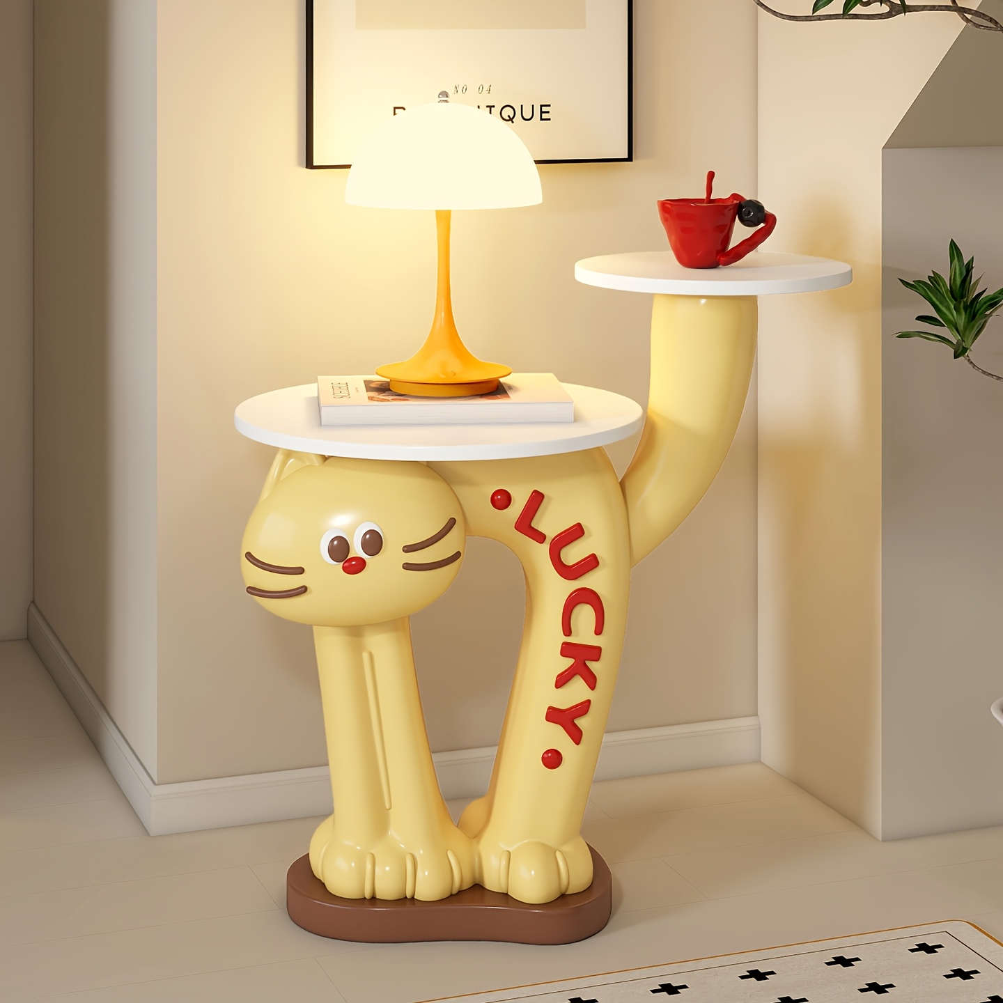Table de chevet double plateau résine " Chat Cartoon Lucky "