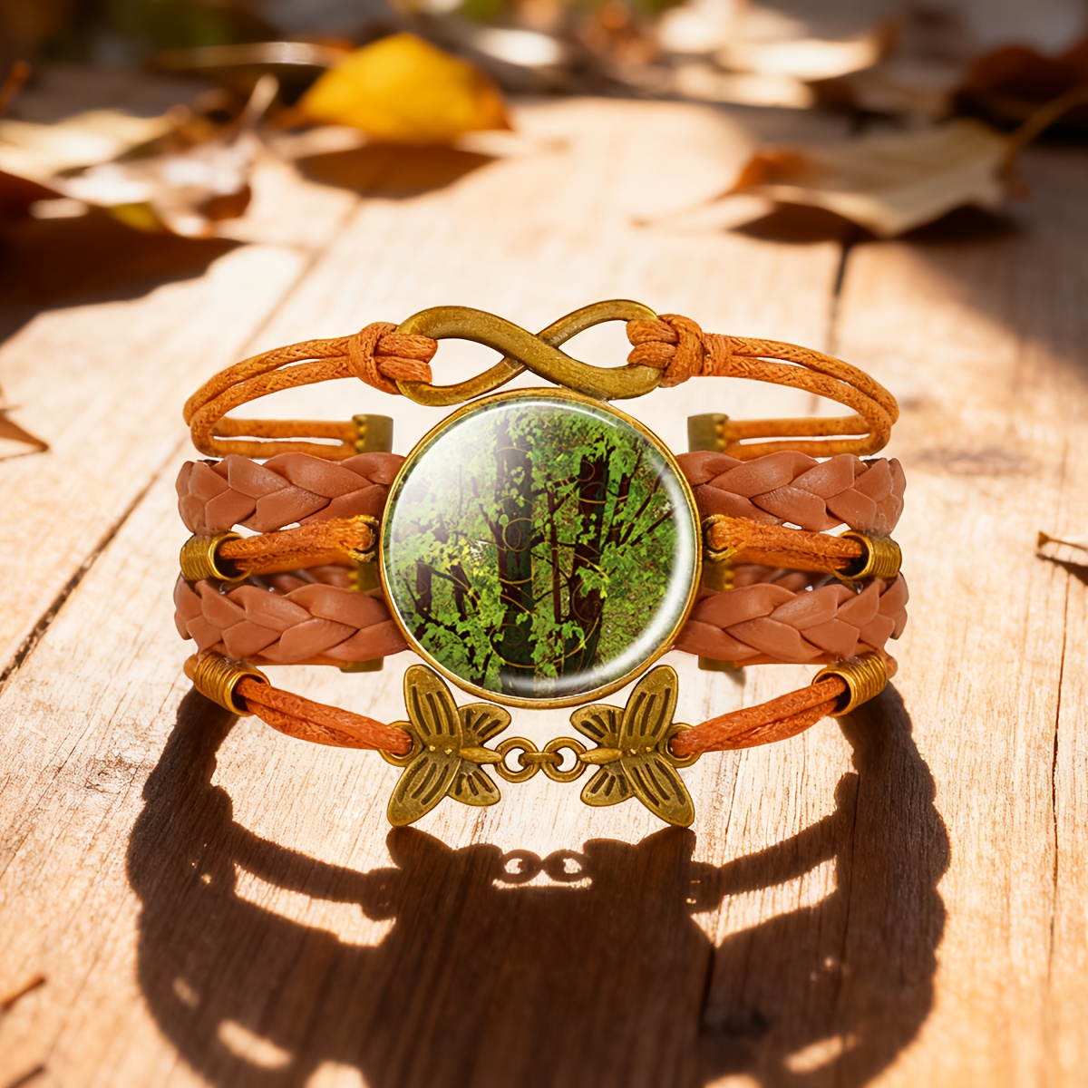 Women's Glass Patterned Butterfly Star Shaped Bracelet, Green Forest Design