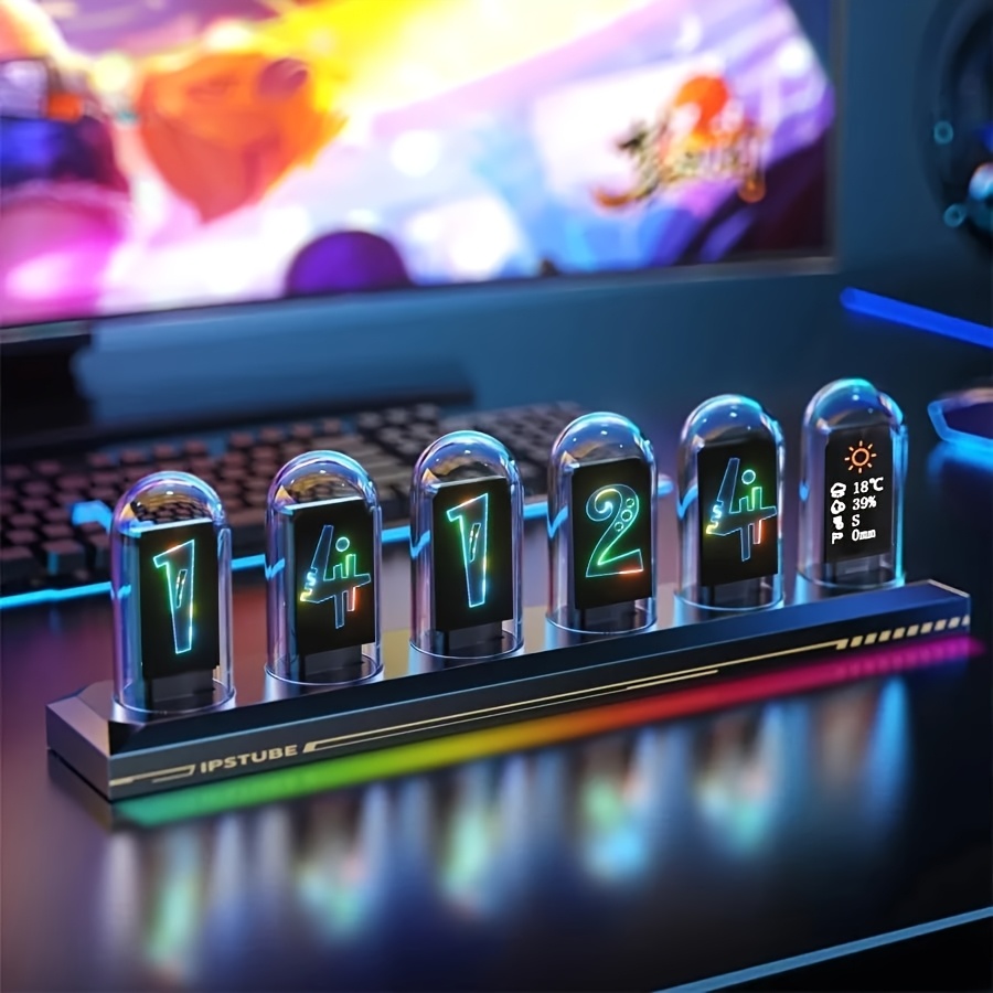 TEMU Mexllex Rgb Base Luminous Ips Tube Clock Night Light, 16million Colors, App Function, Local Temperature, Weather And Humidity, 3 Lighting ,