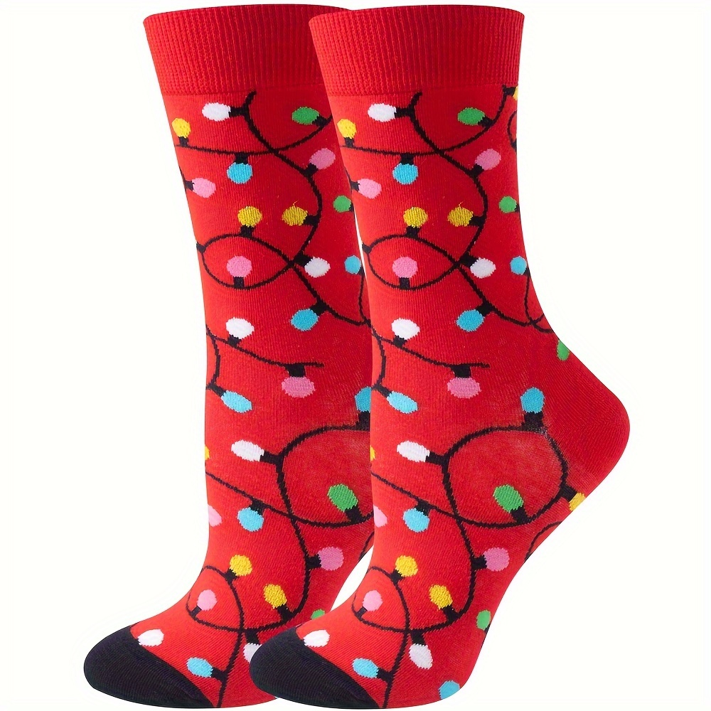 Image of 1 Pair Women's Christmas Lights Pattern Socks - Red Base With Multicolor Cartoon Design, Festive Holiday Crew Socks, Soft Warm Ankle-length, Hand Wash Only, Seasonal Fashion, Texture