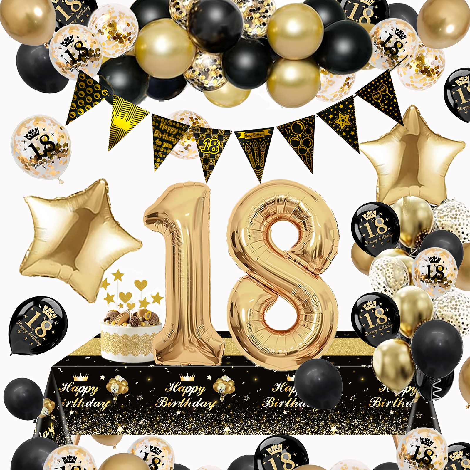 Image of Decorations For An 18th Birthday Celebration, Suitable For And, Featuring A Triangular Banner That 'happy 18th Birthday', A Black And Garland, And Balloon Decorations For The Party