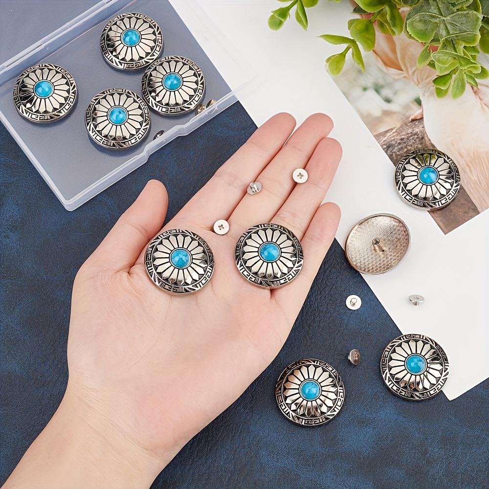 

10-pack 30mm Round Retro Blue Turquoise Daisy Snap Buttons With Screw Back For Diy Leather Crafts, Fabric Sewing Bag Decorations, Geometric Pattern Zinc Alloy Jewelry Making Parts And Accessories