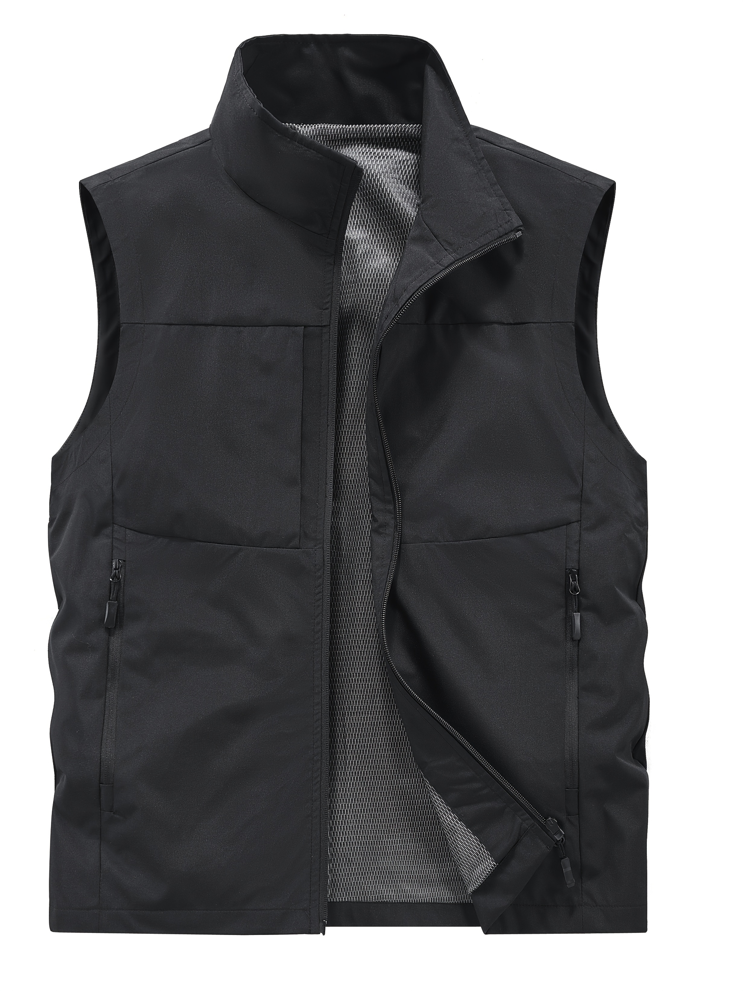 mens multi pocket cargo vest versatile windproof sleeveless jacket with large pockets for outdoor photography and casual wear polyester loose fit high neck solid color   vest functional outdoor apparel durable fabric vest