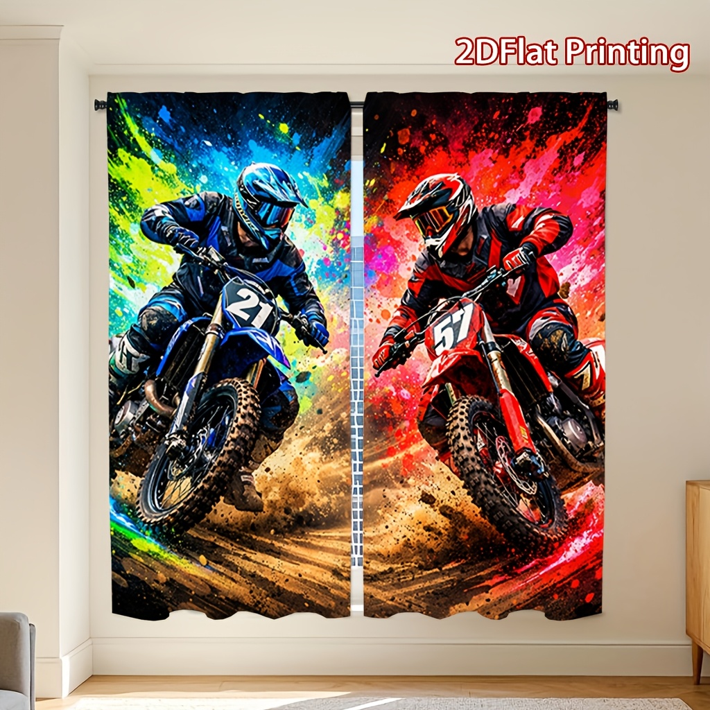 TEMU 2pcs Off-road Motorcycle Dynamic Print Curtains, Soft Light Filtering And Privacy Protection, Rod Pocket Installation, Suitable For Living Room,