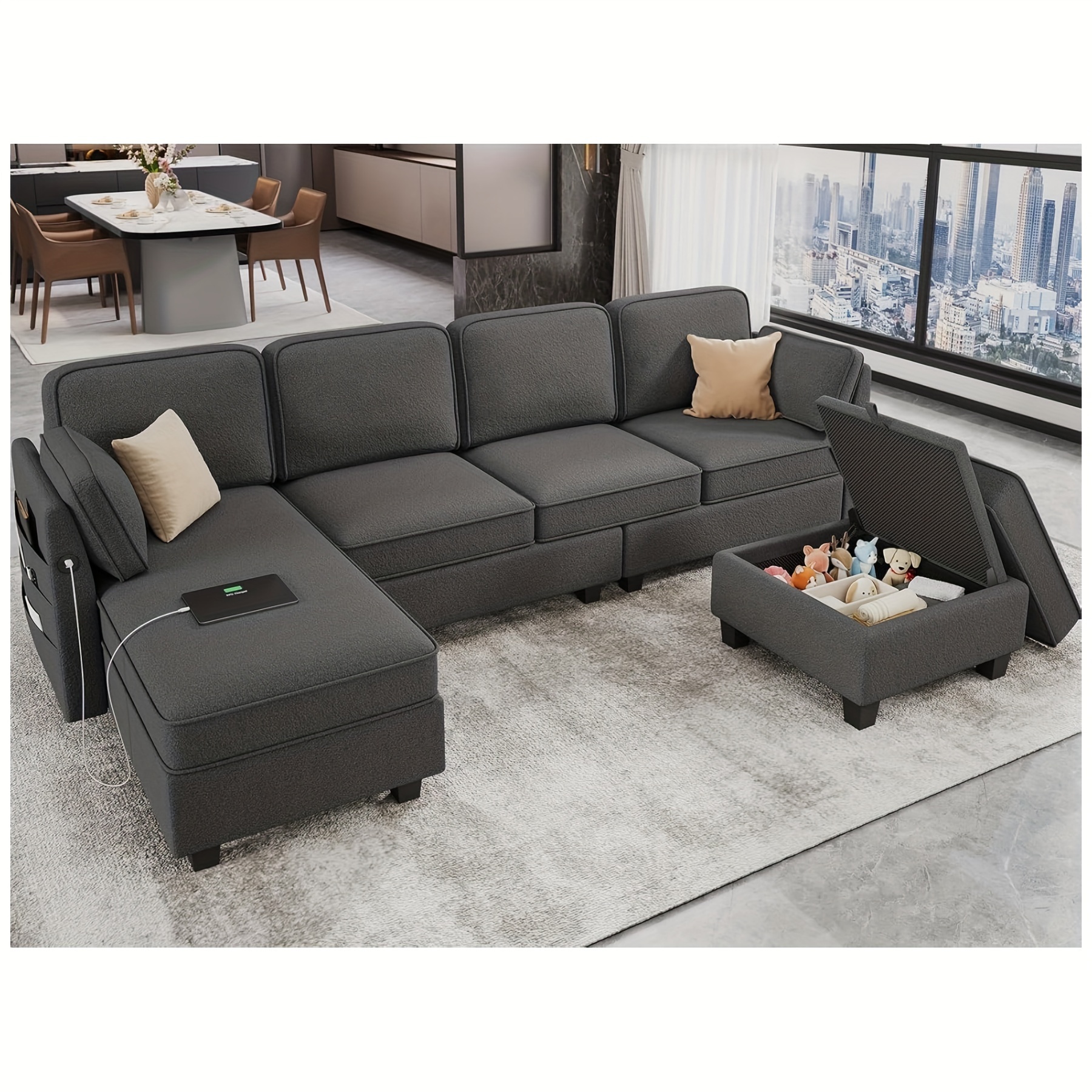 

Sectional Sofa With Storage Seats And Usb, Modular Sectional Sofa Couches With Large Reversible Chaise, U Shaped Convertible Sofa Couch For Living Room, Dark Grey/